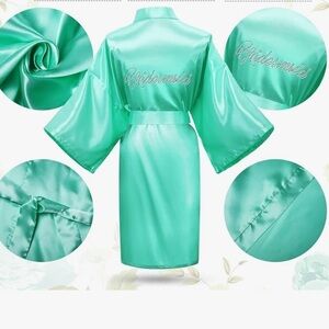 Mint Green Kimono Style Rhinestone BRIDESMAID Monogram Short Robe W Pockets M